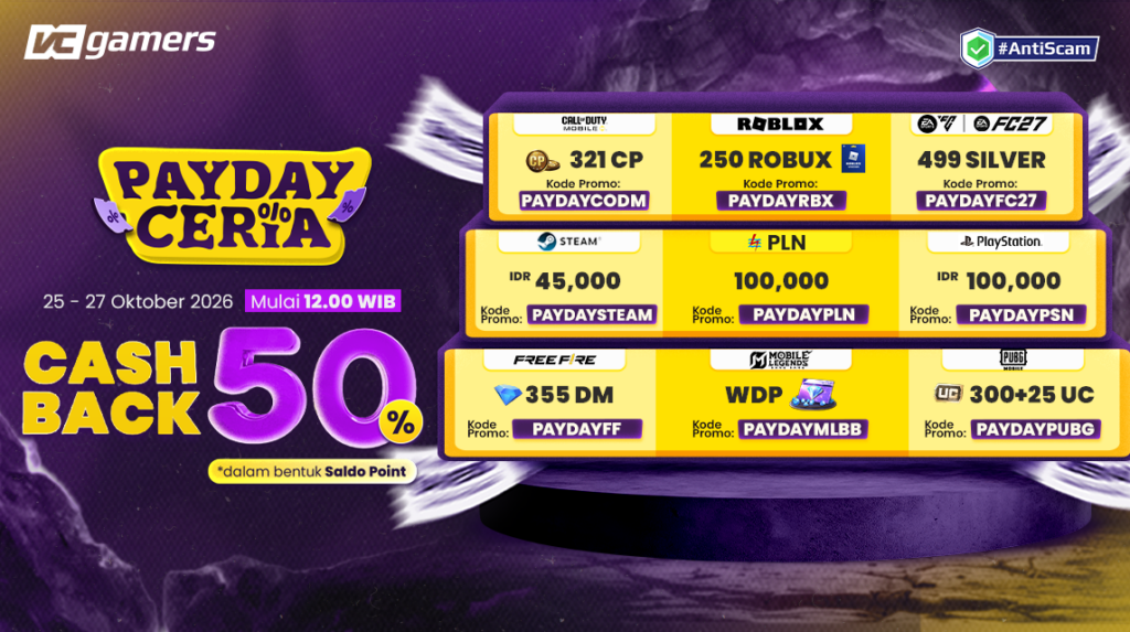 Promo PayDay VCGamers: Nikmati Cashback 50% untuk WDP MLBB hingga Token Listrik PLN
